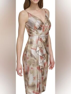 Eliza J Metallic Neutral Floral Midi Dress with Ruffle Front